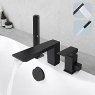 Hoimpro Matte Black Bathtub Faucet Set, Deck Mount Brass Roman Waterfall Spout Bath Tub Faucet with Valve, 3 Holes Widespread Tub Filler with Pull Out 4 in 1 Hand Shower Handheld Sprayer Wand