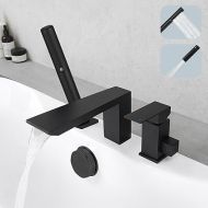 Hoimpro Matte Black Bathtub Faucet Set, Deck Mount Brass Roman Waterfall Spout Bath Tub Faucet with Valve, 3 Holes Widespread Tub Filler with Pull Out 2 in 1 Hand Shower Handheld Sprayer Wand
