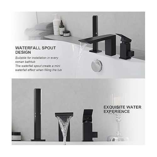  Hoimpro Matte Black Bathtub Faucet Set, Deck Mount Brass Roman Waterfall Spout Bath Tub Faucet with Valve, 3 Holes Widespread Tub Filler with Pull Out 4 in 1 Hand Shower Handheld Sprayer Wand