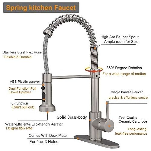  Hoimpro Lead Free High Arc Spring Kitchen Faucet with Pull Down Sprayer, Commercial Rv Single Lever Kitchen Sink Faucet,3 Function Single Handle Laundry Faucet, Brass/Brushed Nicke