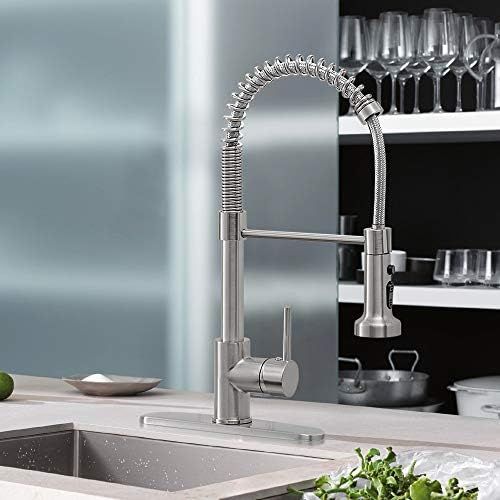  Hoimpro Lead Free High Arc Spring Kitchen Faucet with Pull Down Sprayer, Commercial Rv Single Lever Kitchen Sink Faucet,3 Function Single Handle Laundry Faucet, Brass/Brushed Nicke