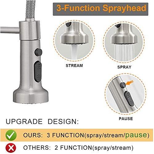  Hoimpro Lead Free High Arc Spring Kitchen Faucet with Pull Down Sprayer, Commercial Rv Single Lever Kitchen Sink Faucet,3 Function Single Handle Laundry Faucet, Brass/Brushed Nicke