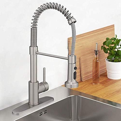  Hoimpro Lead Free High Arc Spring Kitchen Faucet with Pull Down Sprayer, Commercial Rv Single Lever Kitchen Sink Faucet,3 Function Single Handle Laundry Faucet, Brass/Brushed Nicke