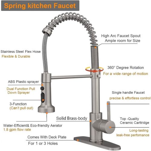  Hoimpro Lead Free High Arc Spring Kitchen Faucet with Pull Down Sprayer, Commercial Rv Single Lever Kitchen Sink Faucet,3 Function Single Handle Laundry Faucet, Brass/Brushed Nicke