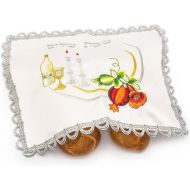 [아마존베스트]HolYudaica White Satin Challah Cover for Shabbat Bread + Pvc Cover Included (16/21 - Pvc size 18/22) with Shabbat Candlestick ,Kiddush Cup, Wine Bottle & Red Flower Embroidery, From Israel, N