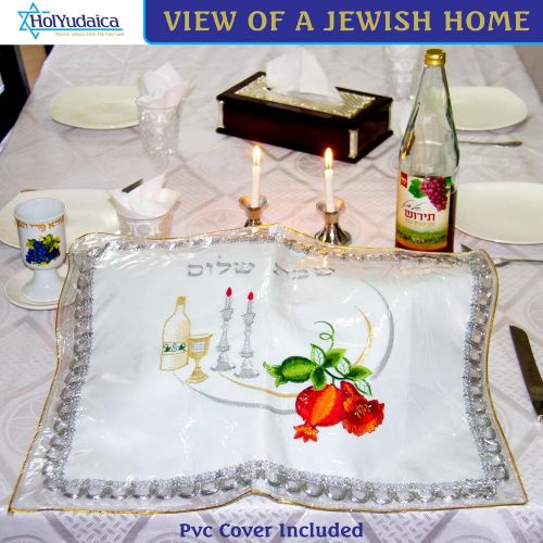  [아마존베스트]HolYudaica White Satin Challah Cover for Shabbat Bread + Pvc Cover Included (16/21 - Pvc size 18/22) with Shabbat Candlestick ,Kiddush Cup, Wine Bottle & Red Flower Embroidery, From Israel, N