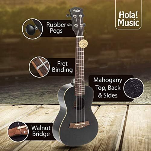  Concert Ukulele Bundle, Deluxe Series by Hola! Music (Model HM-124BK+), Bundle Includes: 24 Inch Mahogany Ukulele with Aquila Nylgut Strings Installed, Padded Gig Bag, Strap and Pi