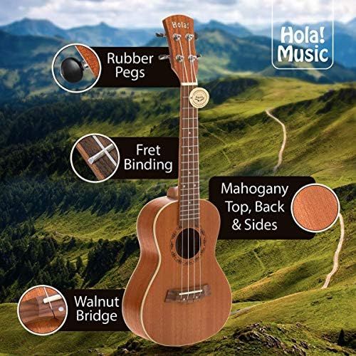  Concert Ukulele Bundle, Deluxe Series by Hola! Music (Model HM-124MG+), Bundle Includes: 24 Inch Mahogany Ukulele with Aquila Nylgut Strings Installed, Padded Gig Bag, Strap and Pi