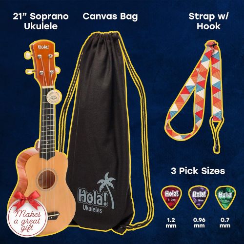 Hola! Music HM-21MG Soprano Ukulele Bundle with Canvas Tote Bag, Strap and Picks, Color Series - Mahogany