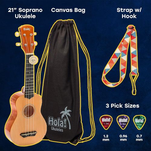  Hola! Music HM-21PP Soprano Ukulele Bundle with Canvas Tote Bag, Strap and Picks, Color Series - Purple