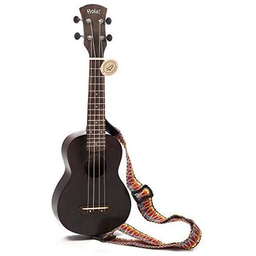  Hola! Music HM-121BK+ Deluxe Mahogany Soprano Ukulele Bundle with Aquila Strings, Padded Gig Bag, Strap and Picks - Black