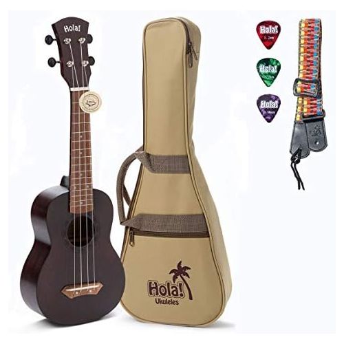  Hola! Music HM-121BK+ Deluxe Mahogany Soprano Ukulele Bundle with Aquila Strings, Padded Gig Bag, Strap and Picks - Black