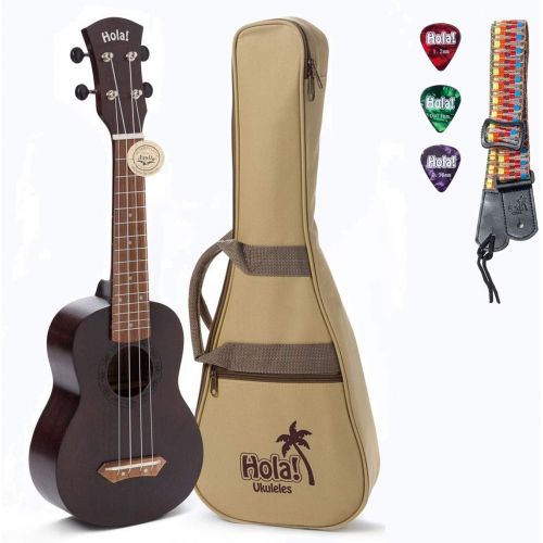  Hola! Music HM-121BK+ Deluxe Mahogany Soprano Ukulele Bundle with Aquila Strings, Padded Gig Bag, Strap and Picks - Black