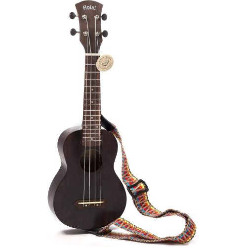  Hola! Music HM-121BK+ Deluxe Mahogany Soprano Ukulele Bundle with Aquila Strings, Padded Gig Bag, Strap and Picks - Black