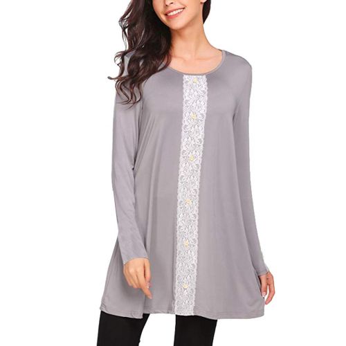  Holeider Damen Bluse Damen Langarm Langarmshirt Damen Elegant Tops Sexy Rundhals Pullover Lange Tunika T-Shirt Spitzen-Patchwork Lose 4 Farbe S-3XL