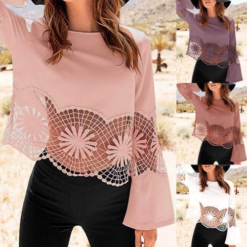  Holeider Damen Bluse Damen Langarm Langarmshirt Damen Elegant Tops Sexy Rundhals Pullover Spitzen-Patchwork Hohlsaum T-Shirt 4 Farbe S-XXXL,