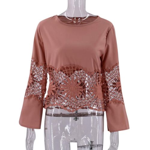  Holeider Damen Bluse Damen Langarm Langarmshirt Damen Elegant Tops Sexy Rundhals Pullover Spitzen-Patchwork Hohlsaum T-Shirt 4 Farbe S-XXXL,