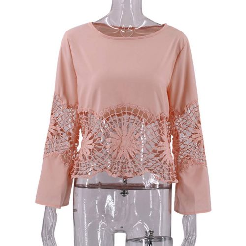  Holeider Damen Bluse Damen Langarm Langarmshirt Damen Elegant Tops Sexy Rundhals Pullover Spitzen-Patchwork Hohlsaum T-Shirt 4 Farbe S-XXXL,