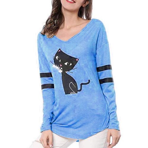  Holeider Damen Basic Langarmshirt Damen Bluse Damen Elegant Top Langarm Damen Sexy V-Ausschnitt Pullover Damen Tunika T-Shirt Katze drucken XS-XL,