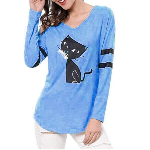  Holeider Damen Basic Langarmshirt Damen Bluse Damen Elegant Top Langarm Damen Sexy V-Ausschnitt Pullover Damen Tunika T-Shirt Katze drucken XS-XL,