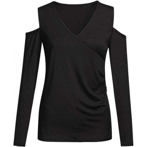  Holeider Damen Basic Langarmshirt Damen Bluse Damen Elegant Top Langarm Damen Sexy V-Ausschnitt Pullover Damen Tunika T-Shirt Bodycon Schulterfrei Einfarbig S-XL, (XL, Black)