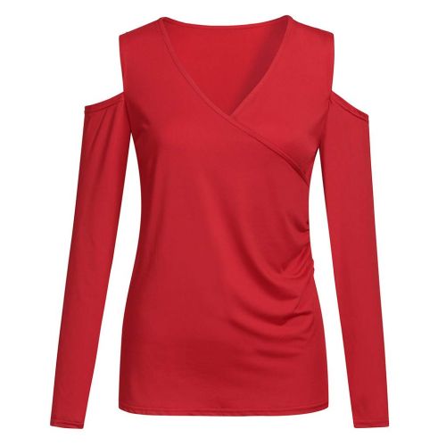  Holeider Damen Basic Langarmshirt Damen Bluse Damen Elegant Top Langarm Damen Sexy V-Ausschnitt Pullover Damen Tunika T-Shirt Bodycon Schulterfrei Einfarbig S-XL,