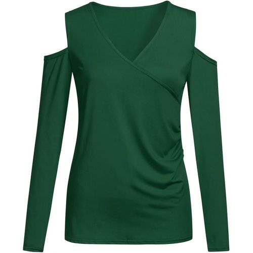  Holeider Damen Basic Langarmshirt Damen Bluse Damen Elegant Top Langarm Damen Sexy V-Ausschnitt Pullover Damen Tunika T-Shirt Bodycon Schulterfrei Einfarbig S-XL,