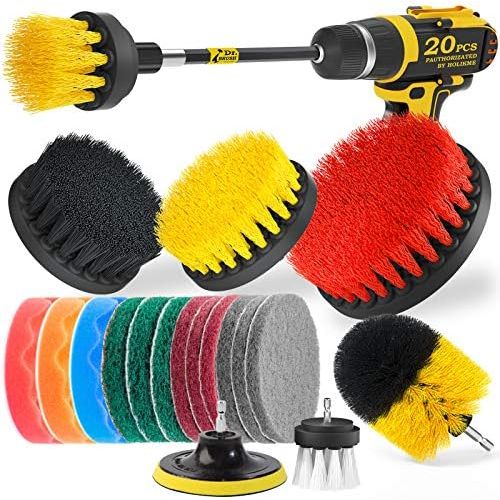  Holikme 15Piece Drill Brush Attachments Set, Scrub Pads & Sponge,Buffing Pads，Power Scrubber Brush with Extend Long Attachment，Car Polishing Pad Kit