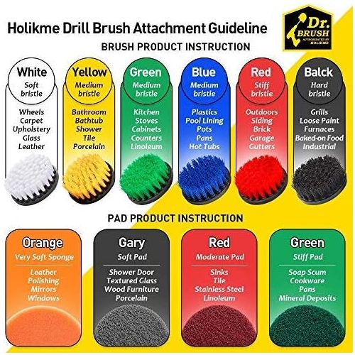  Holikme 15Piece Drill Brush Attachments Set, Scrub Pads & Sponge,Buffing Pads，Power Scrubber Brush with Extend Long Attachment，Car Polishing Pad Kit