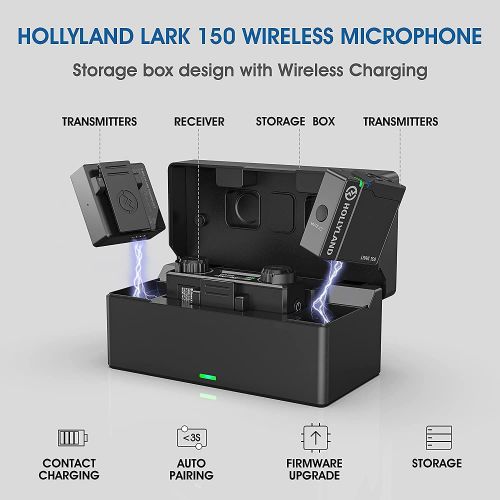  [아마존베스트]HollyView Hollyland Lark 150 2.4GHz Wireless Lavalier Microphone System with 2 Transmitters, 1 Receiver and 2 Lapel Microphones, 5ms Latency with 100m Range, 18 Hours Use, Ideal for DSLR Cam