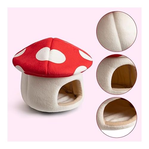  Hollypet Small Pet Animals Bed Dutch Pig Hamster Nest Hedgehog Rat Chinchilla Guinea Habitat Mini House, Red Mushroom, S