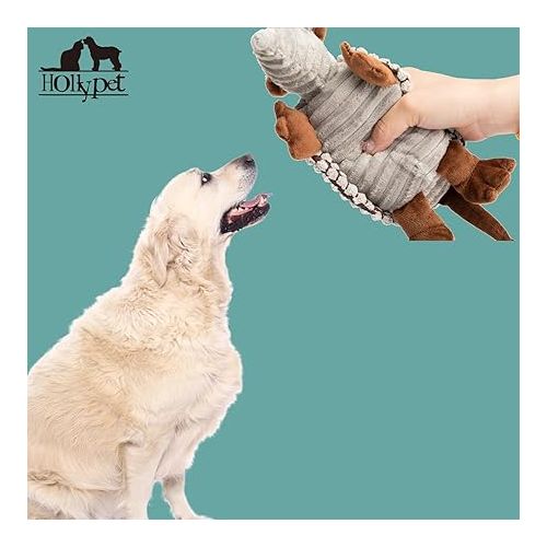  Hollypet Dog Toys, Plush Dog Toys, Squeaky Dog Toys, Stuffed Toys for Small Medium Large All Breed Sizes Dogs, Big Armadillo Animals Toy, Puppy Chew Toy with Clean Teeth, Gray