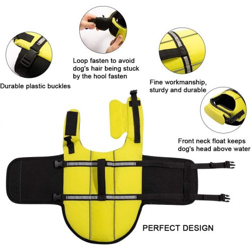  Hollypet Dog Life Jacket Adjustable Dog Lifesaver Safety Reflective Vest Pet Life Preserver with Rescue Handle Neon Yellow