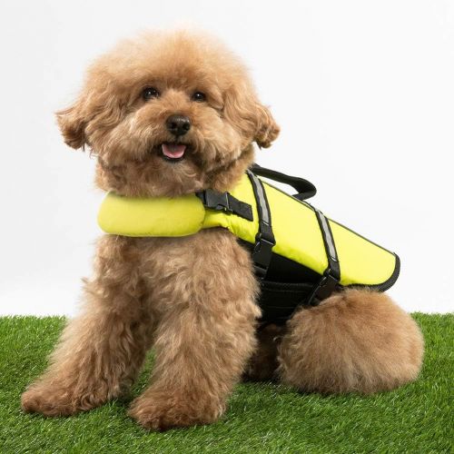  Hollypet Dog Life Jacket Adjustable Dog Lifesaver Safety Reflective Vest Pet Life Preserver with Rescue Handle Neon Yellow