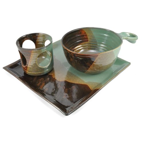  Holman Pottery Handmade Ceramic 3-piece Fondue Set, Green Earth