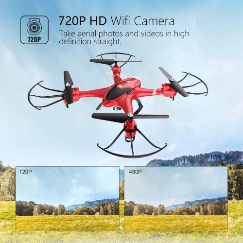  Holy Stone HS200 FPV RC Drone with HD WiFi Camera Live Feed 2.4GHz 4CH 6-Axis Gyro Quadcopter with Altitude Hold, Gravity Sensor and Headless Mode RTF Helicopter, Color Red