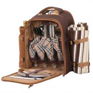 HomGarden Picnic Backpack Set for 4 Person with Cooler Compartment, Detachable Bottle/Wine Holder, Fleece Blanket, Flatware and Plates (Brown)