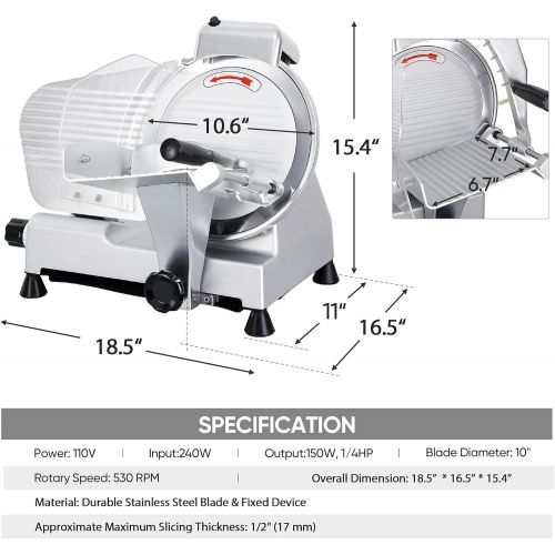  [아마존베스트]HomGarden 10 Meat Slicer Semi-Auto Stainless Steel Cutter Cheese Food Electric Blade Kitchen Deli/Veggies for Commercial & Home