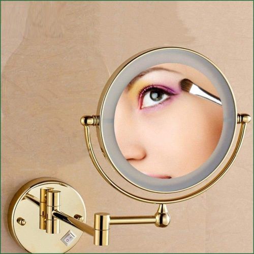  HomJo Golden Brass LED Light Makeup Mirrors 8 Round Dual Sides 3X /1X Mirrors Bathroom Cosmetic Mirror Wall Mount Magnifying Mirror, 1