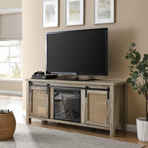  Homvent Fireplace TV Console 58 inch Wood TV Stand Media Shelves for TVs up to 60 Wide with Fireplace and Remote Control. (Grey)