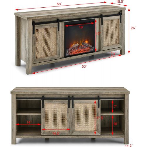  Homvent Fireplace TV Console 58 inch Wood TV Stand Media Shelves for TVs up to 60 Wide with Fireplace and Remote Control. (Grey)