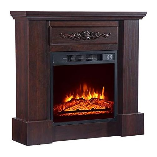  HomVent 1400W Freestanding Electric Fireplace Stove, Mantel Wooden Surround Firebox, Portable Indoor Space Heater w/Log Hearth, Adjustable LED Flame and Remote Control for Home/Off