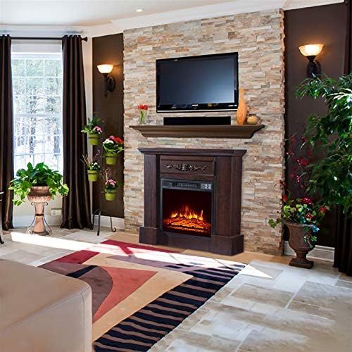  HomVent 1400W Freestanding Electric Fireplace Stove, Mantel Wooden Surround Firebox, Portable Indoor Space Heater w/Log Hearth, Adjustable LED Flame and Remote Control for Home/Off