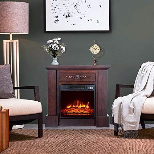  HomVent 1400W Freestanding Electric Fireplace Stove, Mantel Wooden Surround Firebox, Portable Indoor Space Heater w/Log Hearth, Adjustable LED Flame and Remote Control for Home/Off