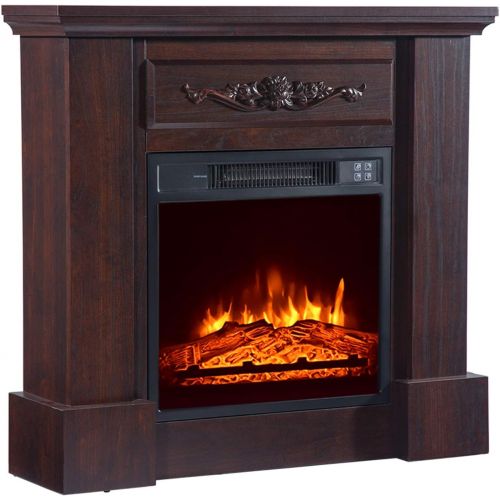  HomVent 1400W Freestanding Electric Fireplace Stove, Mantel Wooden Surround Firebox, Portable Indoor Space Heater w/Log Hearth, Adjustable LED Flame and Remote Control for Home/Off