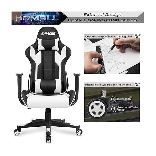  Homall Gaming Chair, Office Chair High Back Computer Chair Leather Desk Chair Racing Executive Ergonomic Adjustable Swivel Task Chair with Headrest and Lumbar Support (White)