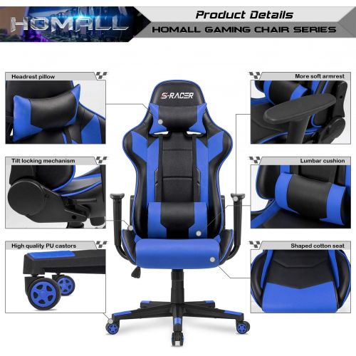  [아마존베스트]Homall Gaming Chair Office Chair High Back Computer Chair PU Leather Desk Chair PC Racing Executive Ergonomic Adjustable Swivel Task Chair with Headrest and Lumbar Support (Blue)