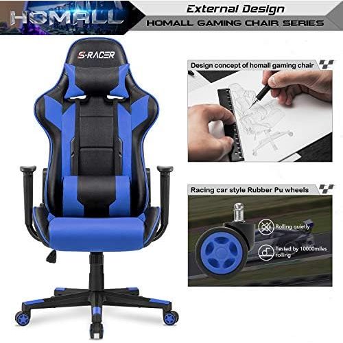  [아마존베스트]Homall Gaming Chair Office Chair High Back Computer Chair PU Leather Desk Chair PC Racing Executive Ergonomic Adjustable Swivel Task Chair with Headrest and Lumbar Support (Blue)