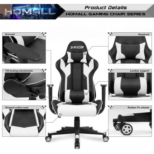  Homall Gaming Chair Office Chair High Back Computer Chair Leather Desk Chair Racing Executive Ergonomic Adjustable Swivel Task Chair with Headrest and Lumbar Support (White)