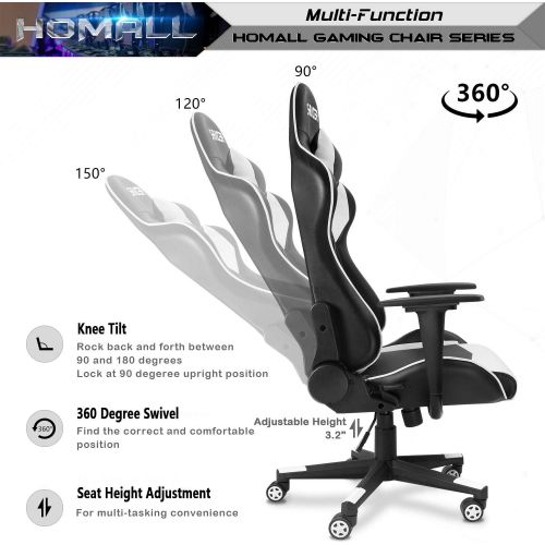  Homall Gaming Chair Office Chair High Back Computer Chair Leather Desk Chair Racing Executive Ergonomic Adjustable Swivel Task Chair with Headrest and Lumbar Support (White)